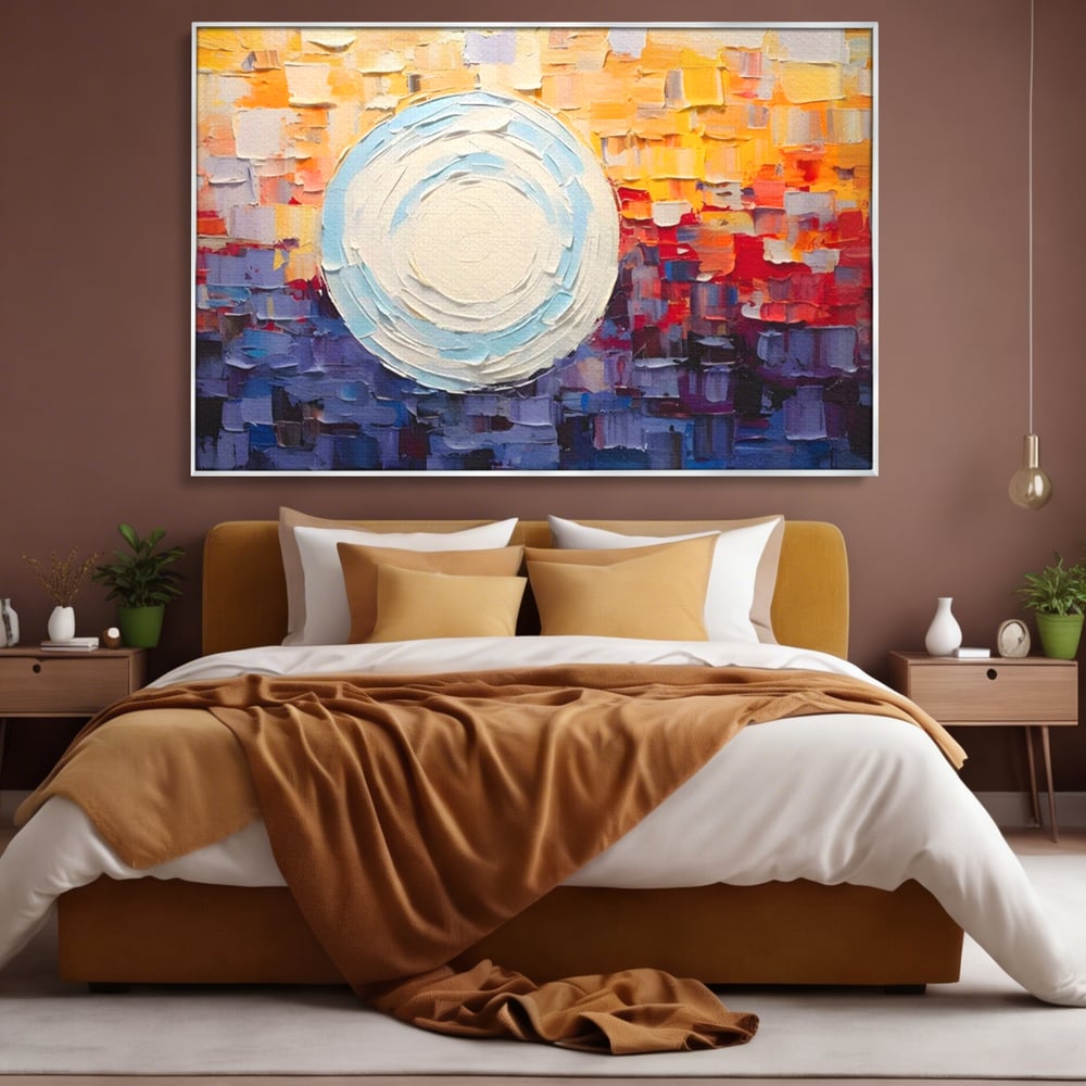 Tablou canvas cu tablou pictat cu sfera alba centrala, in rama de aluminiu argintiu, pe perete intr-un dormitor
